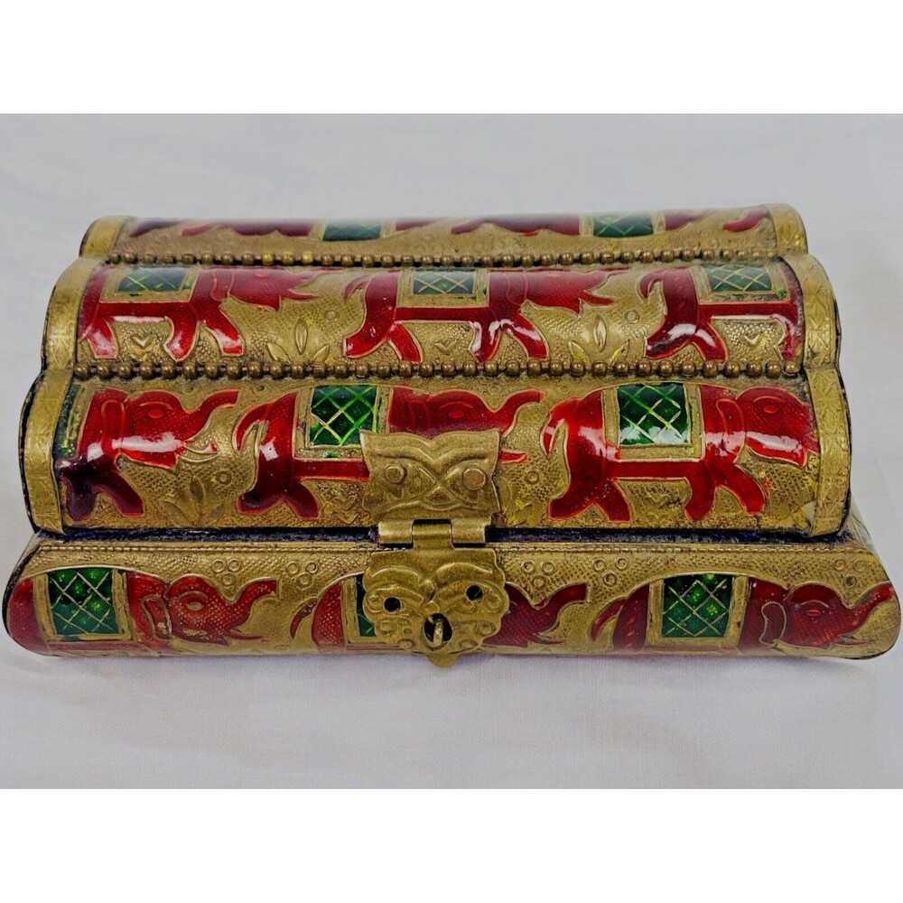 Brass Enamel Elephant Trinket Jewelry Keepsake Box Hinged Chest Boho Chic Ethnic